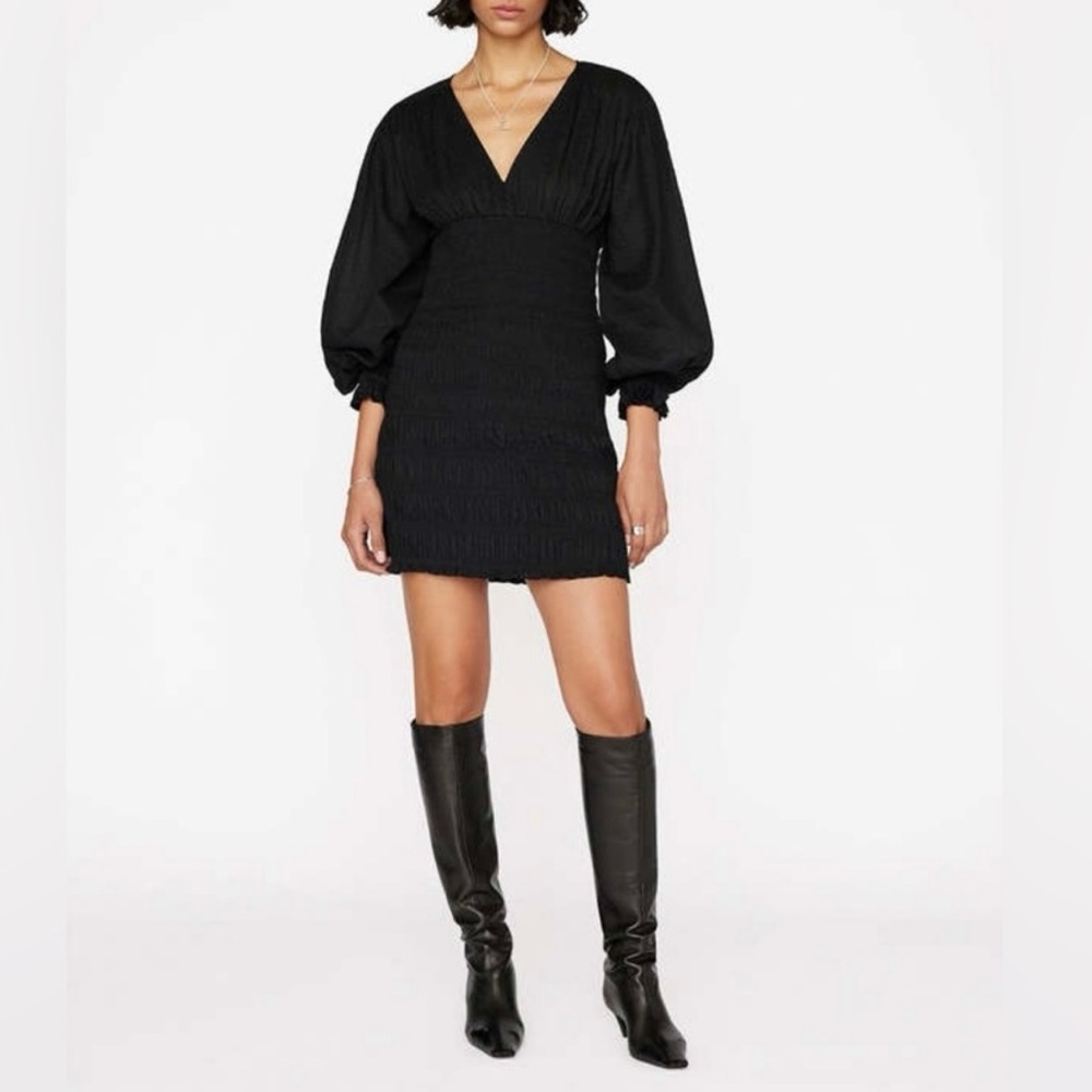 FRAME V-Neck Smocked Dress – Size L NWT Black Cotton Mini Dress